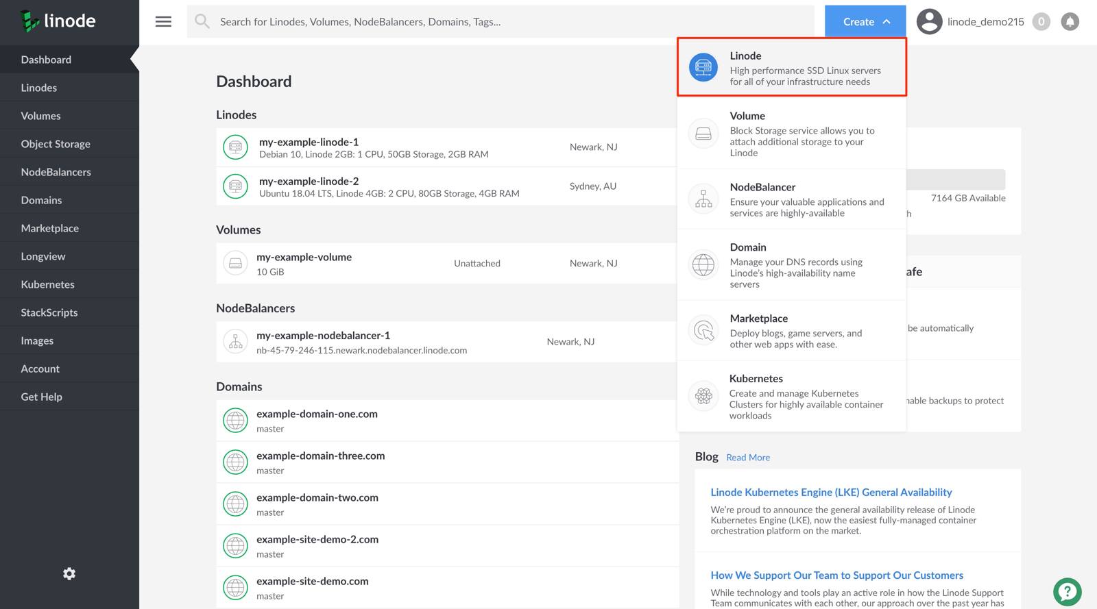 Select Linode from the Create menu.